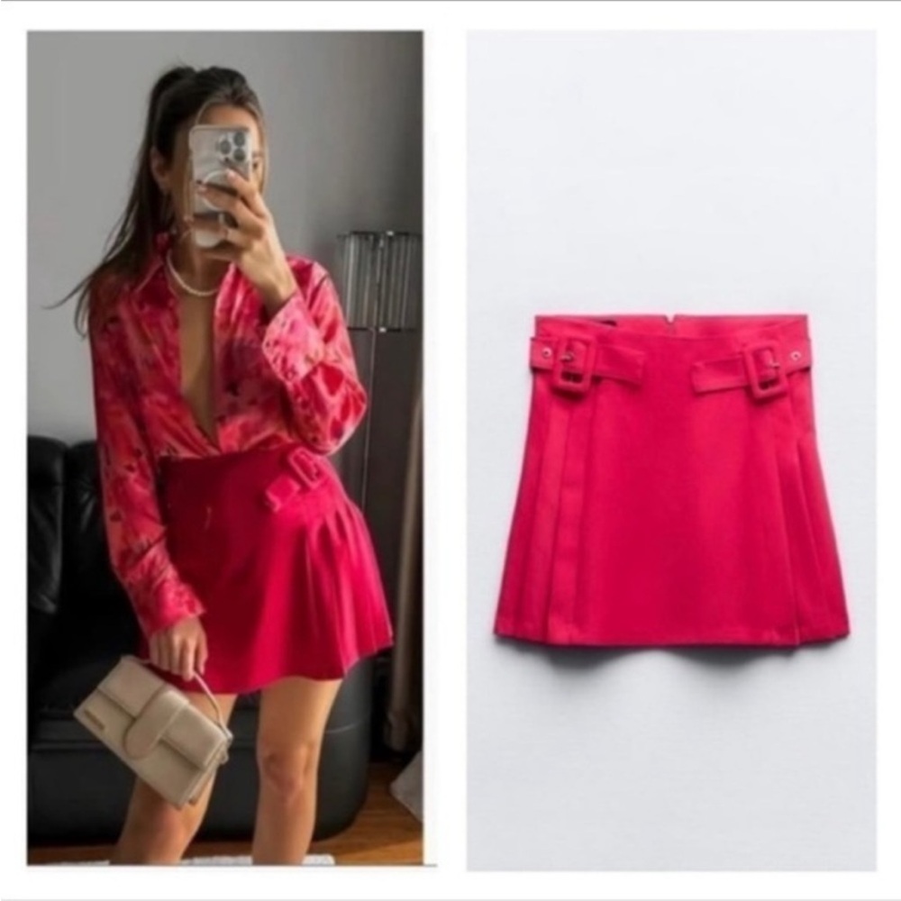 NEW ZARA PLEATED BUCKLED MINI SKIRT RASPBERRY 9878/092 NWT
